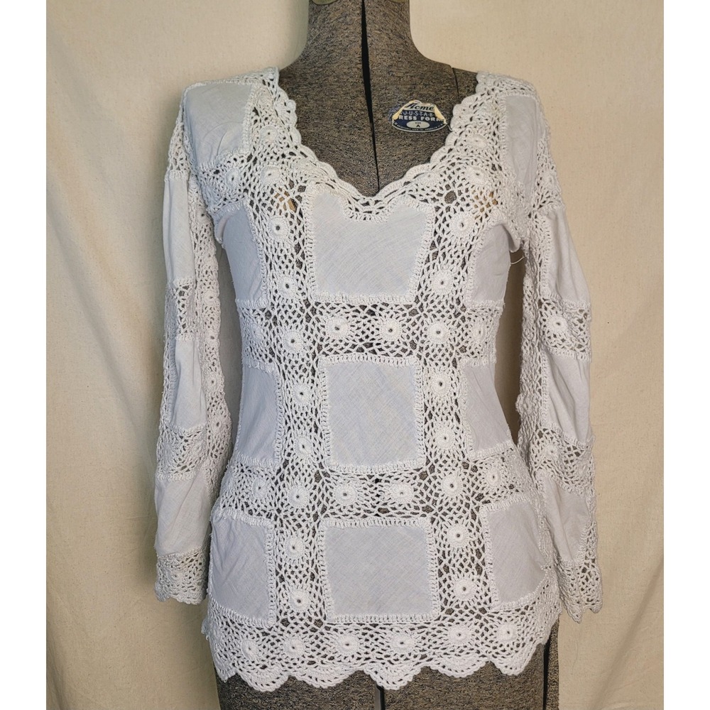 Boston Proper Ivory‎ White Crochet Square Hippy Boho Long Sleeve Top Cover up S